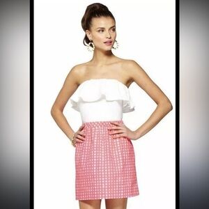 Lilly Pulitzer Athens Strapless Dress White Coral Pink Gingham Size Small